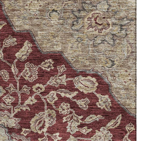 HomeRoots 8' X 10' Elegant Burgundy Beige Gray Floral Medallion Area Rug - Washable, UV-Protected, Durable Design 686901