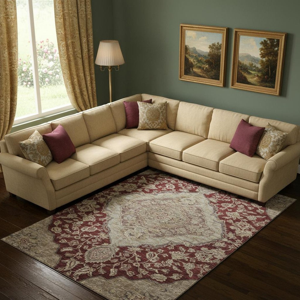 HomeRoots 9' X 12' Floral Medallion Area Rug in Burgundy, Beige & Gray – Stain-Resistant, UV Protected & Washable! 686902