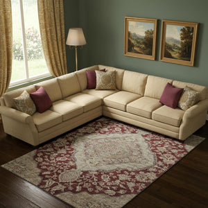 HomeRoots 9' X 12' Floral Medallion Area Rug in Burgundy, Beige & Gray – Stain-Resistant, UV Protected & Washable! 686902