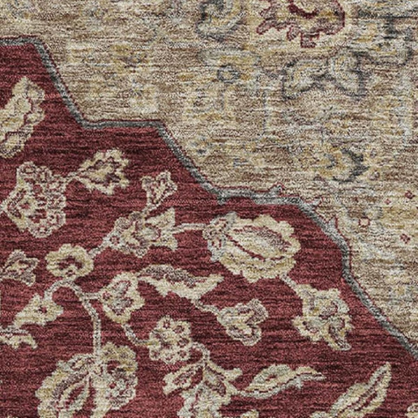 HomeRoots 9' X 12' Floral Medallion Area Rug in Burgundy, Beige & Gray – Stain-Resistant, UV Protected & Washable! 686902