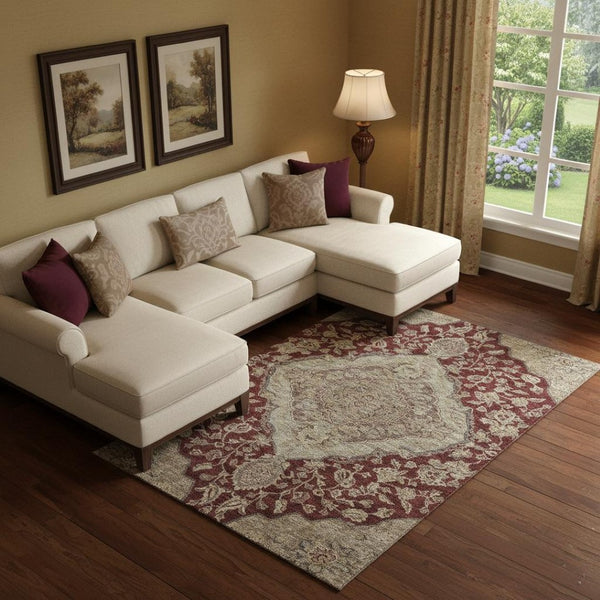 HomeRoots 10' X 14' Stylish Burgundy Beige Gray Floral Medallion Area Rug - Washable, UV Protected, Pet Friendly 686903