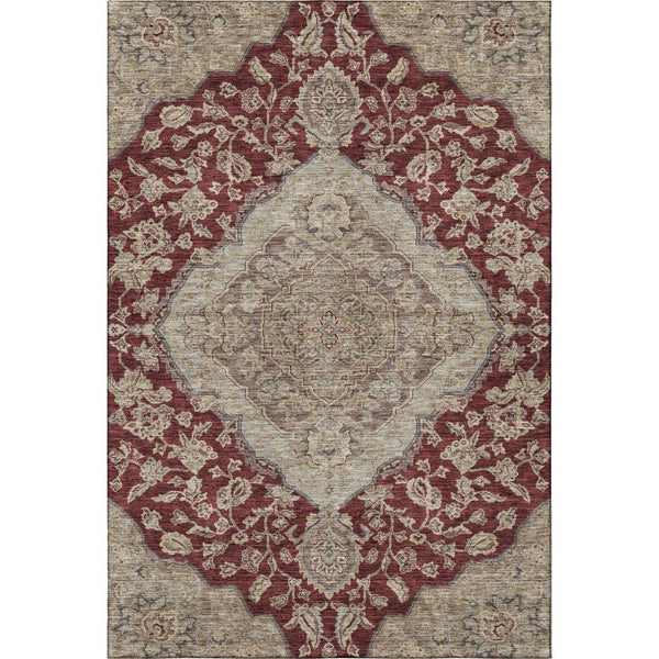 HomeRoots 10' X 14' Stylish Burgundy Beige Gray Floral Medallion Area Rug - Washable, UV Protected, Pet Friendly 686903