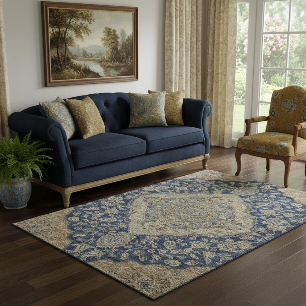 HomeRoots 5' X 8' Floral Medallion Area Rug in Navy Blue, Beige & Gray - UV Protected, Stain-Resistant Design 686905