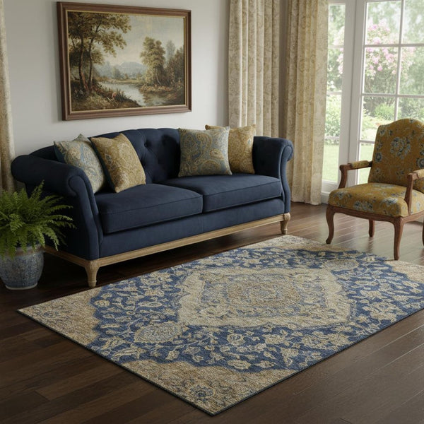 HomeRoots 5' X 8' Floral Medallion Area Rug in Navy Blue, Beige & Gray - UV Protected, Stain-Resistant Design 686905