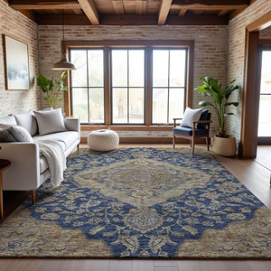 HomeRoots 5' X 8' Floral Medallion Area Rug in Navy Blue, Beige & Gray - UV Protected, Stain-Resistant Design 686905