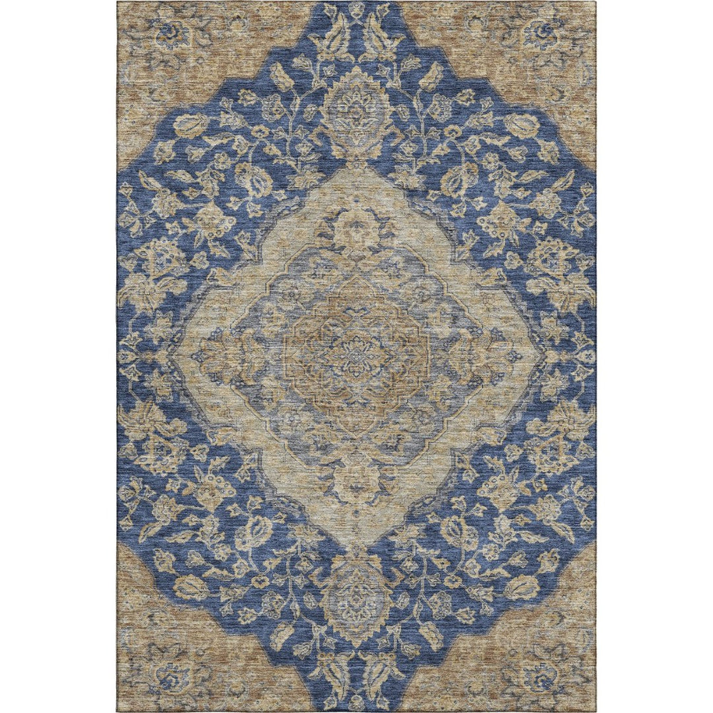 HomeRoots 5' X 8' Floral Medallion Area Rug in Navy Blue, Beige & Gray - UV Protected, Stain-Resistant Design 686905