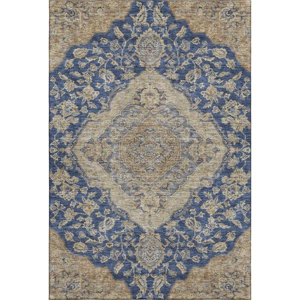 HomeRoots 5' X 8' Floral Medallion Area Rug in Navy Blue, Beige & Gray - UV Protected, Stain-Resistant Design 686905