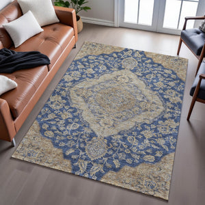 HomeRoots 5' X 8' Floral Medallion Area Rug in Navy Blue, Beige & Gray - UV Protected, Stain-Resistant Design 686905