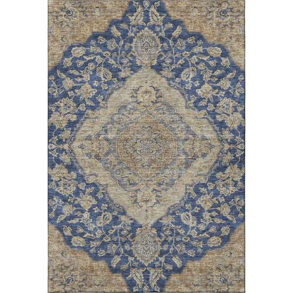 HomeRoots 5' X 8' Floral Medallion Area Rug in Navy Blue, Beige & Gray - UV Protected, Stain-Resistant Design 686905