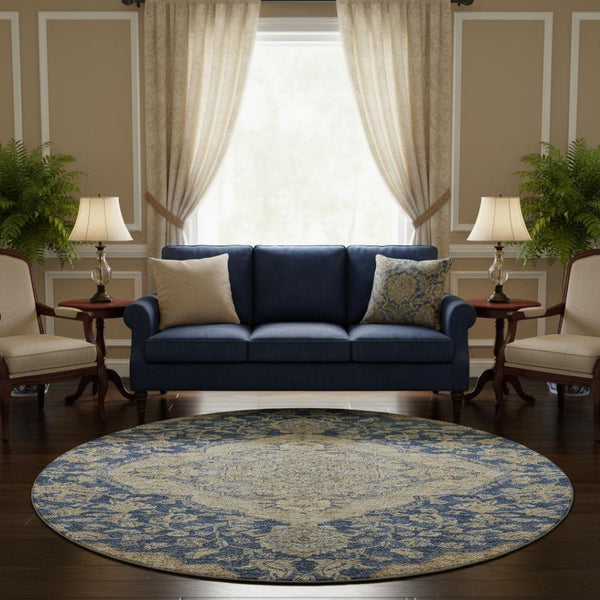 HomeRoots 8' Round Washable Navy Blue Beige Gray Floral Medallion Rug - UV Protected, Stain Resistant Design 686906
