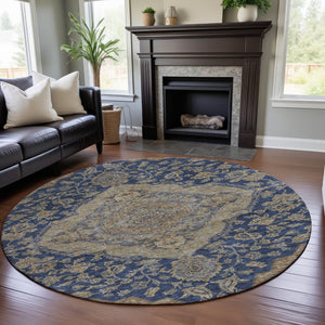 HomeRoots 8' Round Washable Navy Blue Beige Gray Floral Medallion Rug - UV Protected, Stain Resistant Design 686906