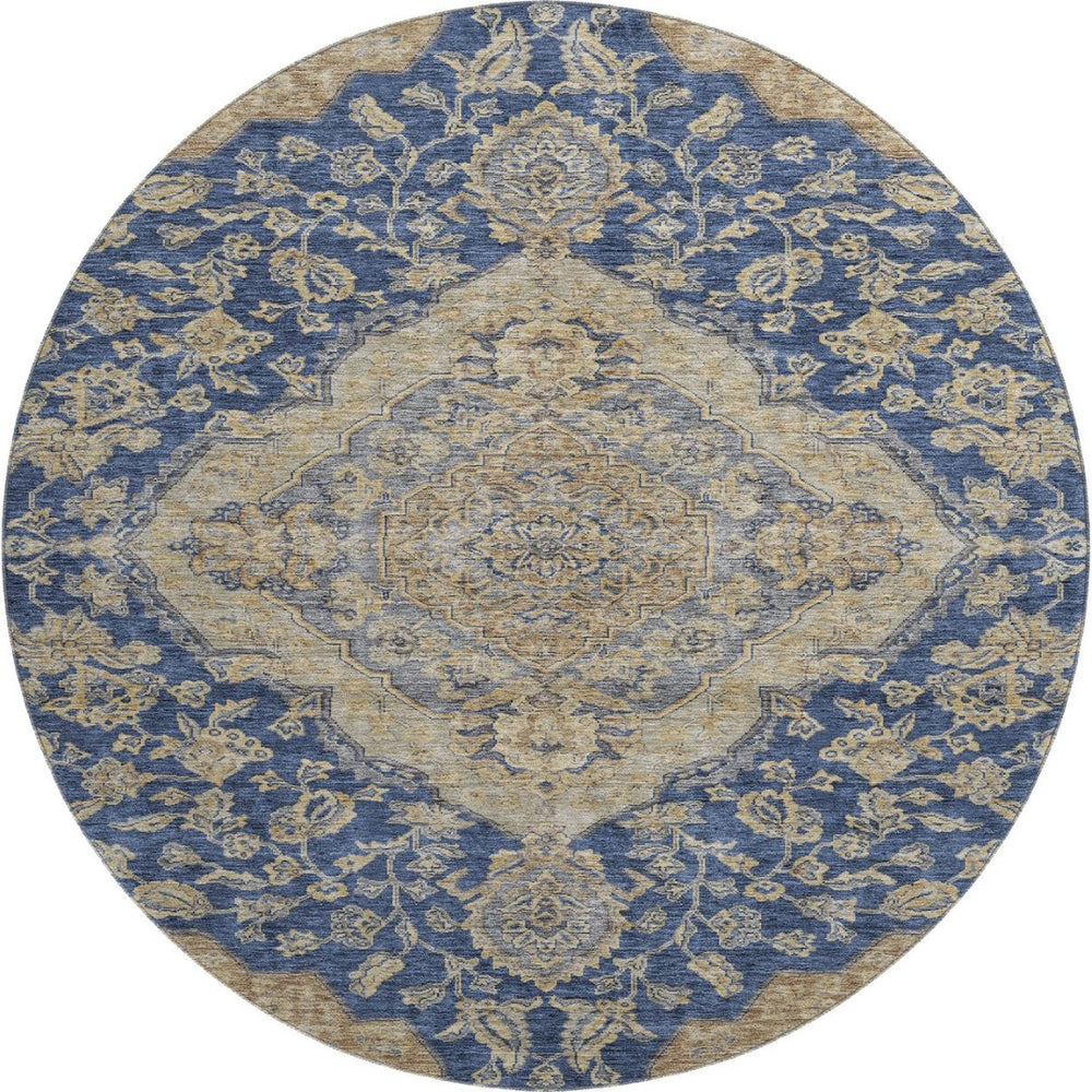 HomeRoots 8' Round Washable Navy Blue Beige Gray Floral Medallion Rug - UV Protected, Stain Resistant Design 686906
