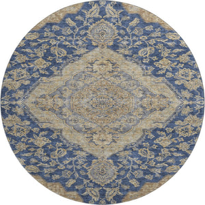 HomeRoots 8' Round Washable Navy Blue Beige Gray Floral Medallion Rug - UV Protected, Stain Resistant Design 686906