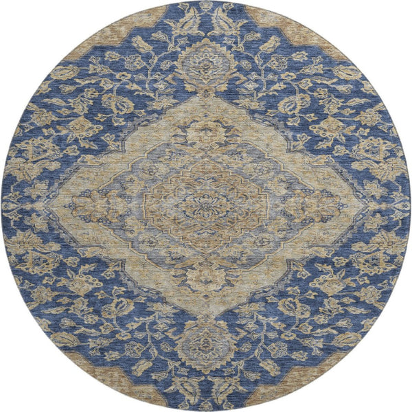 HomeRoots 8' Round Washable Navy Blue Beige Gray Floral Medallion Rug - UV Protected, Stain Resistant Design 686906
