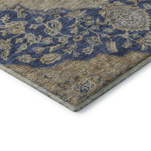HomeRoots 8' Round Washable Navy Blue Beige Gray Floral Medallion Rug - UV Protected, Stain Resistant Design 686906