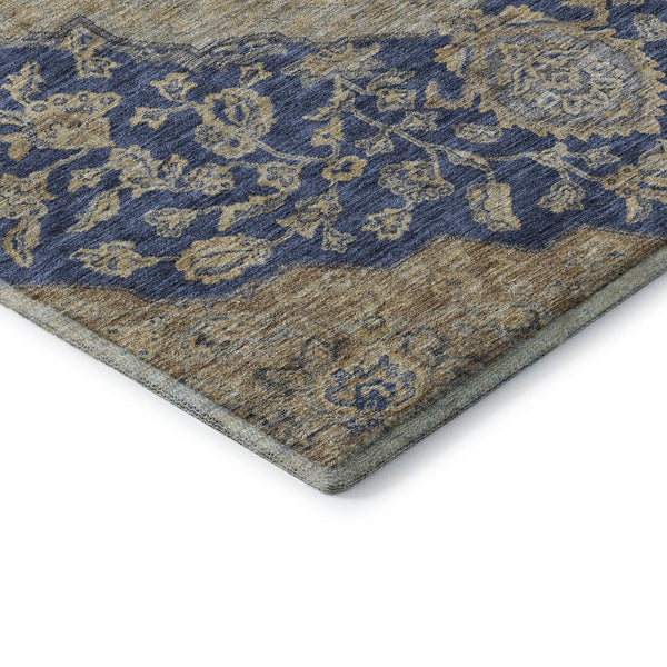 HomeRoots 8' Round Washable Navy Blue Beige Gray Floral Medallion Rug - UV Protected, Stain Resistant Design 686906