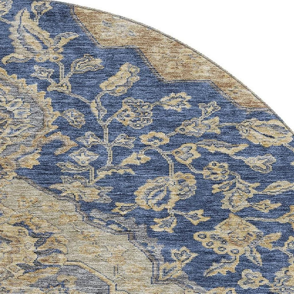 HomeRoots 8' Round Washable Navy Blue Beige Gray Floral Medallion Rug - UV Protected, Stain Resistant Design 686906