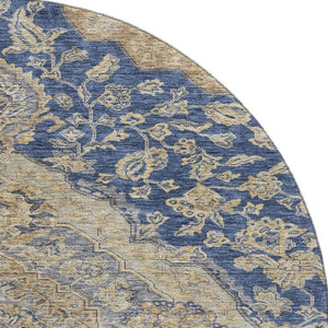 HomeRoots 8' Round Washable Navy Blue Beige Gray Floral Medallion Rug - UV Protected, Stain Resistant Design 686906