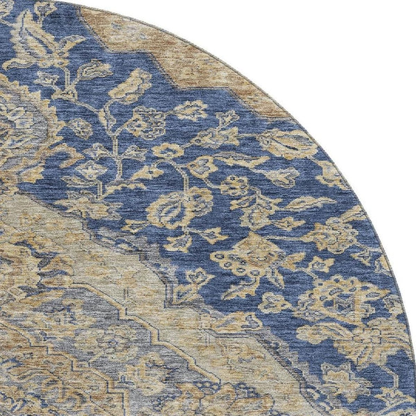 HomeRoots 8' Round Washable Navy Blue Beige Gray Floral Medallion Rug - UV Protected, Stain Resistant Design 686906