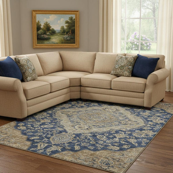 HomeRoots 8' X 10' Navy Blue Beige Gray Floral Medallion Rug - Washable, UV Protected, Stain Resistant Design 686907
