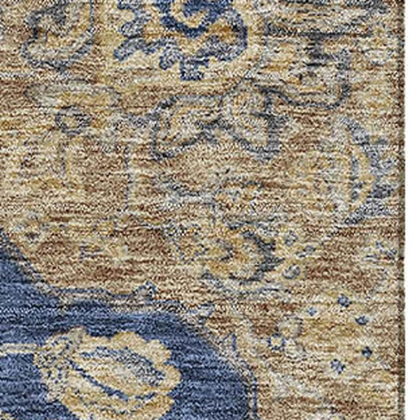 HomeRoots 8' X 10' Navy Blue Beige Gray Floral Medallion Rug - Washable, UV Protected, Stain Resistant Design 686907
