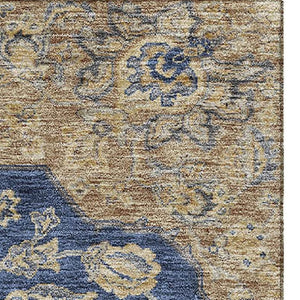 HomeRoots 8' X 10' Navy Blue Beige Gray Floral Medallion Rug - Washable, UV Protected, Stain Resistant Design 686907