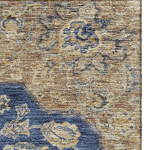 HomeRoots 8' X 10' Navy Blue Beige Gray Floral Medallion Rug - Washable, UV Protected, Stain Resistant Design 686907