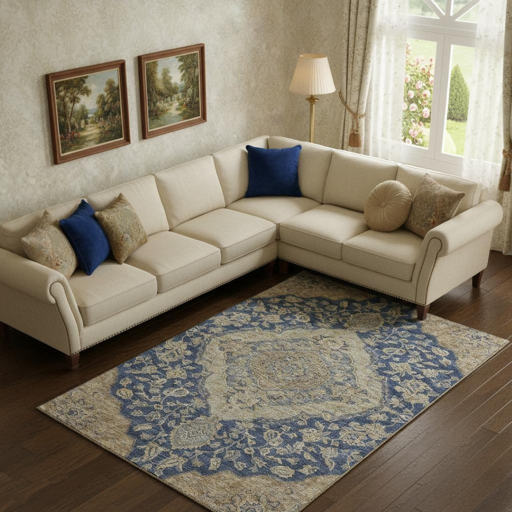 HomeRoots 9' X 12' Navy Blue Beige Gray Floral Medallion Area Rug – Washable, UV Protected, Ideal for Homes 686908