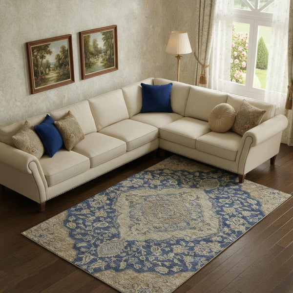 HomeRoots 9' X 12' Navy Blue Beige Gray Floral Medallion Area Rug – Washable, UV Protected, Ideal for Homes 686908