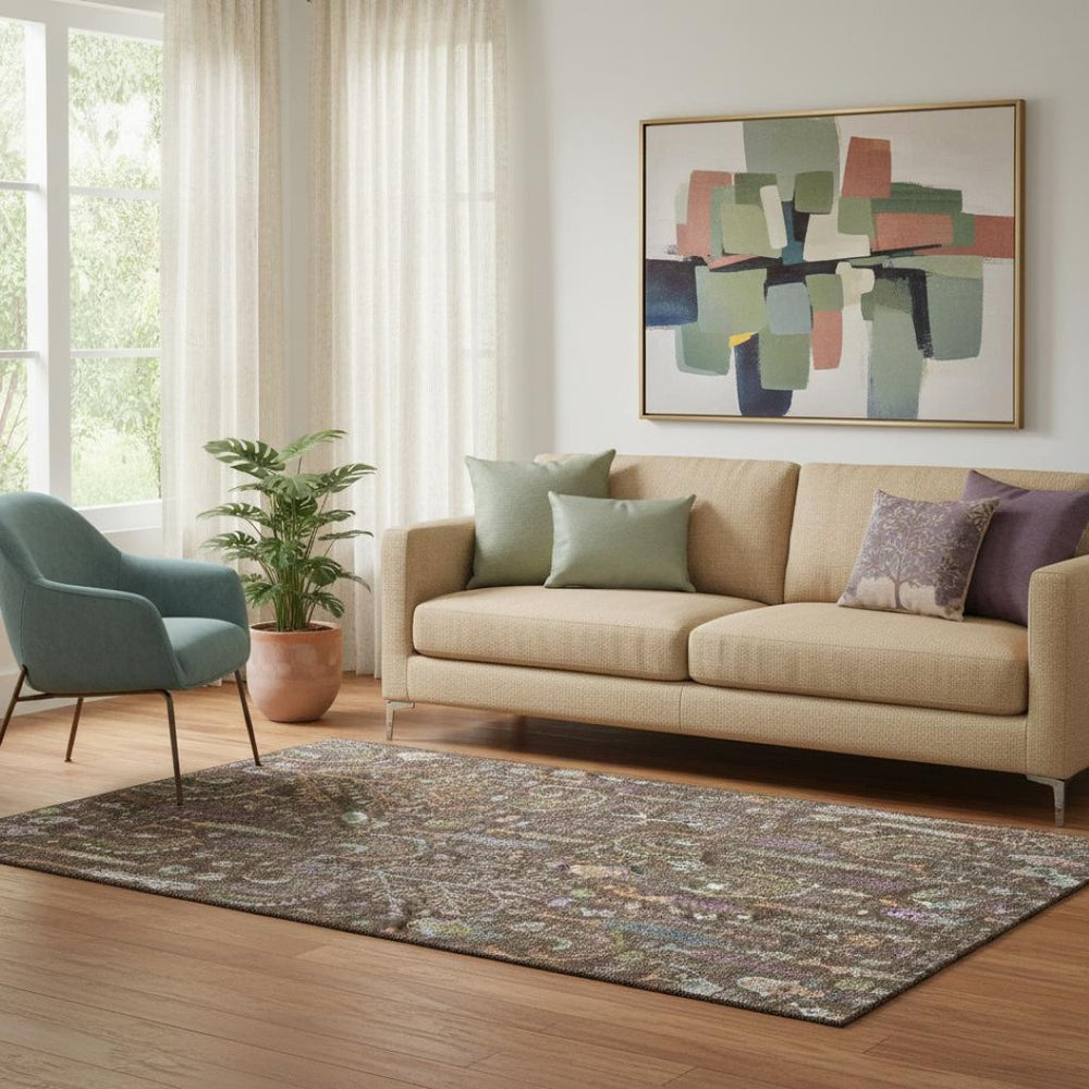 HomeRoots 5' X 8' Floral Area Rug in Brown, Blue & Purple - Washable, Stain-Resistant, UV Protected for Durability 686911