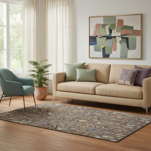 HomeRoots 5' X 8' Floral Area Rug in Brown, Blue & Purple - Washable, Stain-Resistant, UV Protected for Durability 686911