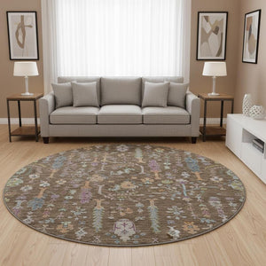 HomeRoots 8' Washable Round Rug with Floral Design in Brown, Blue & Purple - Durable, UV-Protected & Stylish 686912