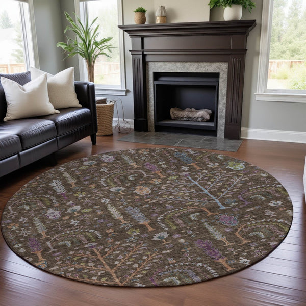 HomeRoots 8' Washable Round Rug with Floral Design in Brown, Blue & Purple - Durable, UV-Protected & Stylish 686912