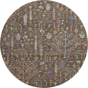 HomeRoots 8' Washable Round Rug with Floral Design in Brown, Blue & Purple - Durable, UV-Protected & Stylish 686912