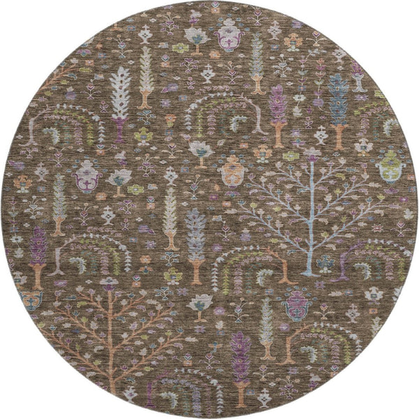 HomeRoots 8' Washable Round Rug with Floral Design in Brown, Blue & Purple - Durable, UV-Protected & Stylish 686912