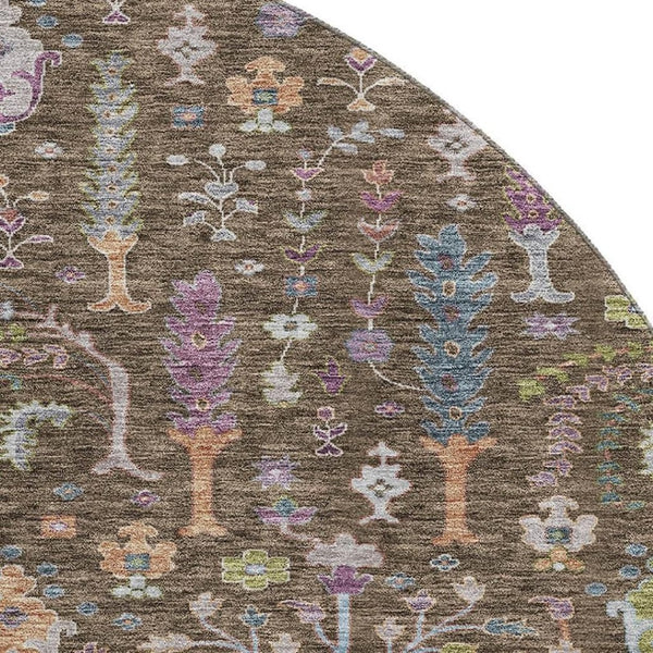 HomeRoots 8' Washable Round Rug with Floral Design in Brown, Blue & Purple - Durable, UV-Protected & Stylish 686912