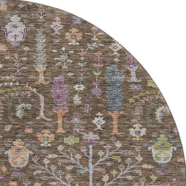 HomeRoots 8' Washable Round Rug with Floral Design in Brown, Blue & Purple - Durable, UV-Protected & Stylish 686912