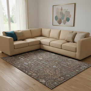 HomeRoots 8' X 10' Floral Area Rug in Brown, Blue & Purple – Washable, UV Protected, Durable for Homes with Kids! 686913
