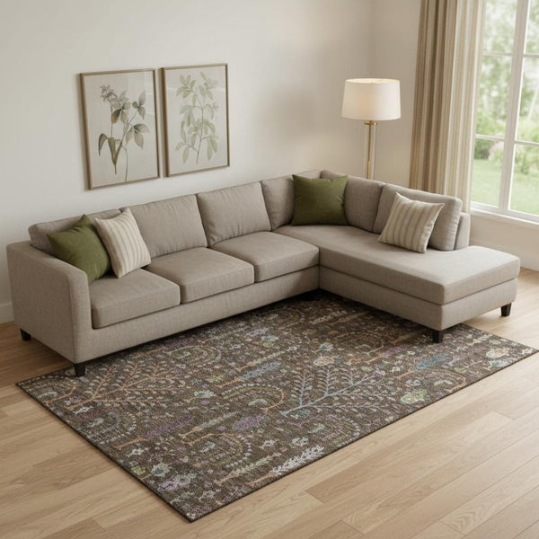 HomeRoots 9' X 12' Floral Area Rug in Brown, Blue & Purple - Durable, Washable, UV Protected for Homes with Kids 686914