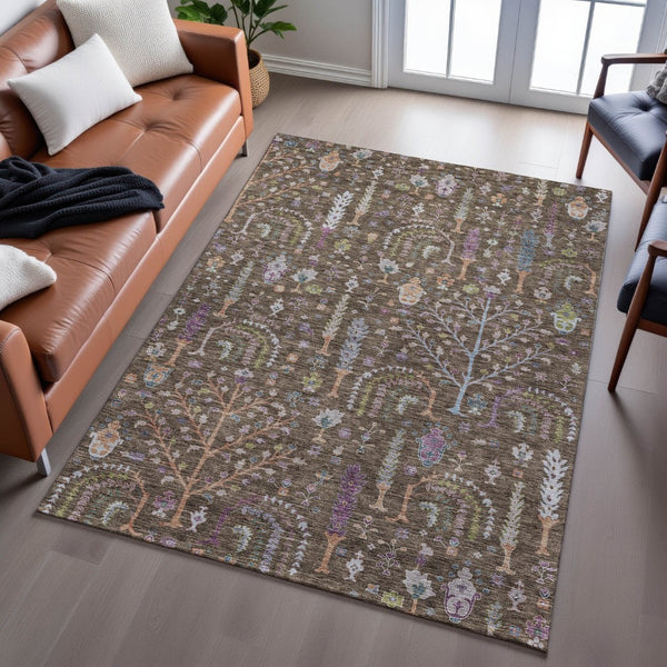 HomeRoots 10' Washable Floral Area Rug in Brown, Blue & Purple - UV Protected, Durable & Easy Care for Homes 686915
