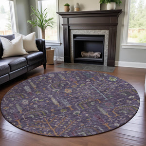 HomeRoots 8' Washable Round Rug in Bold Eggplant, Orange & Green Floral Design with UV Protection & Durability 686918
