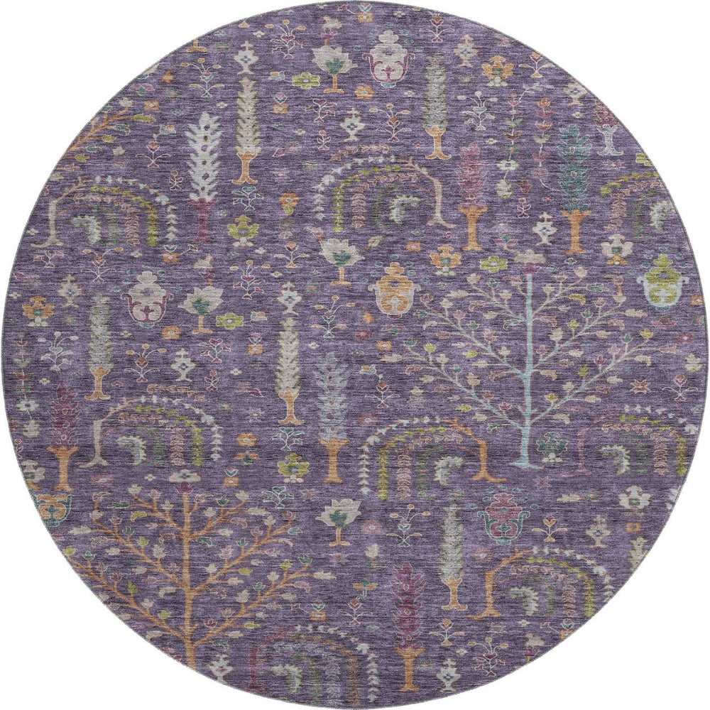 HomeRoots 8' Washable Round Rug in Bold Eggplant, Orange & Green Floral Design with UV Protection & Durability 686918