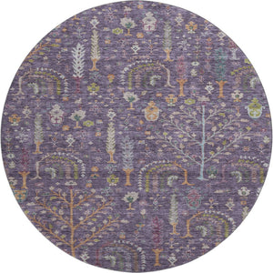 HomeRoots 8' Washable Round Rug in Bold Eggplant, Orange & Green Floral Design with UV Protection & Durability 686918