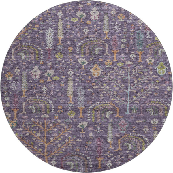 HomeRoots 8' Washable Round Rug in Bold Eggplant, Orange & Green Floral Design with UV Protection & Durability 686918