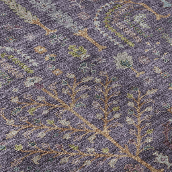 HomeRoots 8' Washable Round Rug in Bold Eggplant, Orange & Green Floral Design with UV Protection & Durability 686918