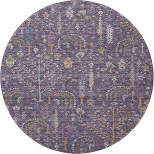 HomeRoots 8' Washable Round Rug in Bold Eggplant, Orange & Green Floral Design with UV Protection & Durability 686918