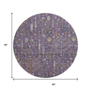 HomeRoots 8' Washable Round Rug in Bold Eggplant, Orange & Green Floral Design with UV Protection & Durability 686918