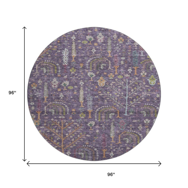 HomeRoots 8' Washable Round Rug in Bold Eggplant, Orange & Green Floral Design with UV Protection & Durability 686918