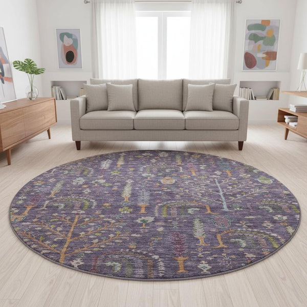 HomeRoots 8' Washable Round Rug in Bold Eggplant, Orange & Green Floral Design with UV Protection & Durability 686918