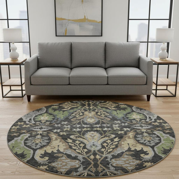 HomeRoots 8' Washable Round Rug in Black, Olive Green & Gray Floral Design – UV Protected for Easy Care & Style 686924